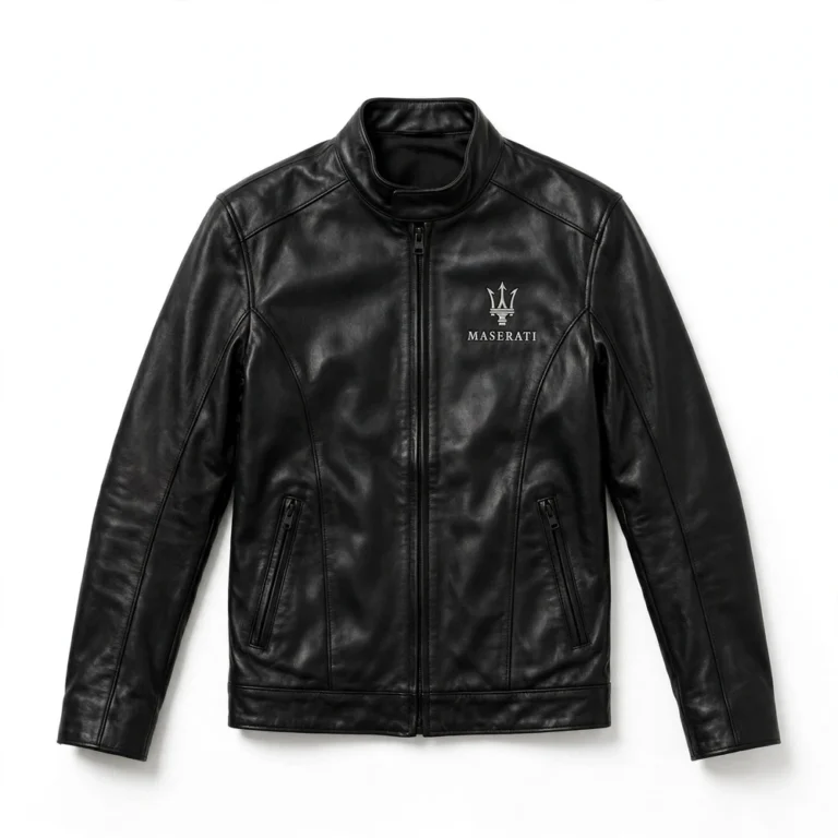 Maserati Leather Jacket front view — black GT racer coat with quilted shoulders and left chest trident-style emblem