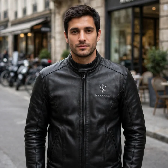 Maserati Leather Jacket model view — front-facing model wearing the black GT racer coat with left chest emblem