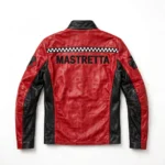 Mastretta Leather Jacket back view, racing red leather jacket with large black 'mastretta' text with a checkered accent embroidered across the back