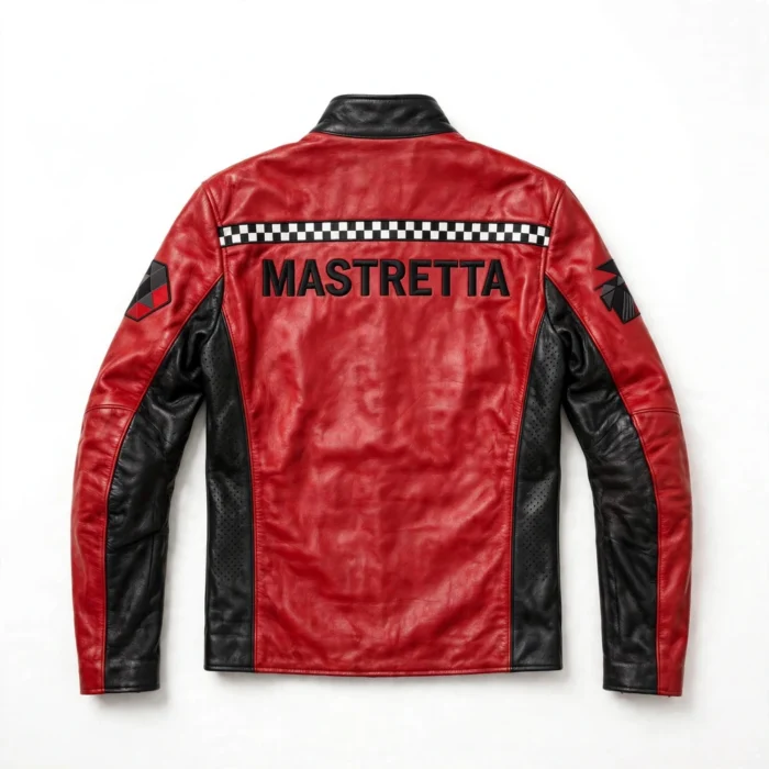 Mastretta Leather Jacket back view, racing red leather jacket with large black 'mastretta' text with a checkered accent embroidered across the back