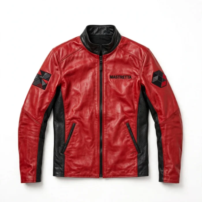Mastretta Leather Jacket front view, racing red leather jacket with black 'mastretta' wordmark embroidered on the left chest