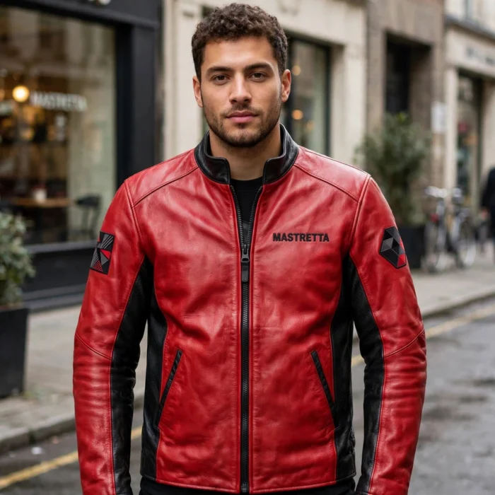Person wearing the Mastretta Leather Jacket outdoors, front-facing, showing black 'mastretta' wordmark embroidered on the left chest