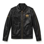 Maybach Leather Jacket front view, jet black with gold trim cruiser jacket