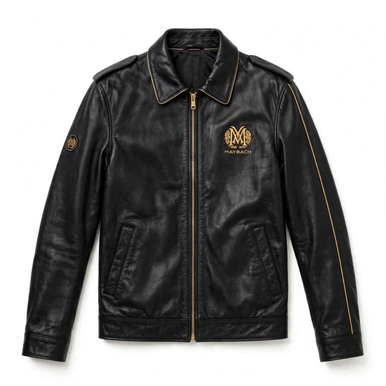 Maybach Leather Jacket front view, jet black with gold trim cruiser jacket