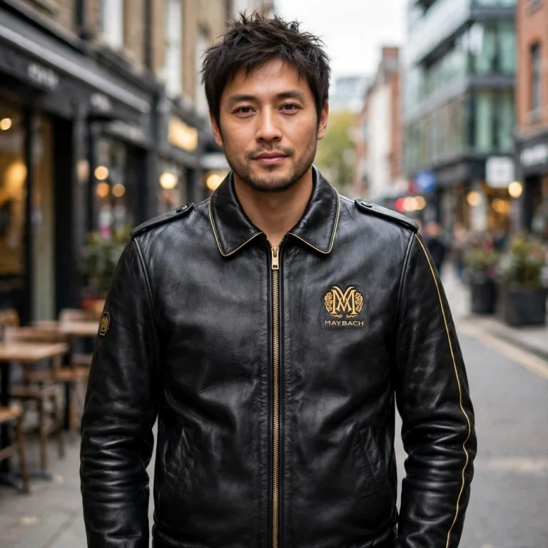 Model wearing the Maybach Leather Jacket, jet black with gold trim cruiser jacket