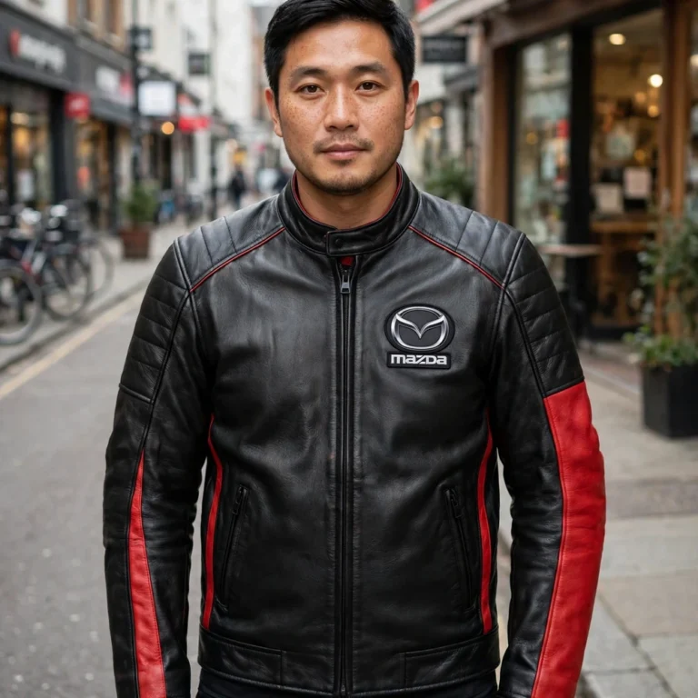 Man wearing the Mazda Leather Jacket outdoors, front-facing, showing the black and red racing design and chest embroidery