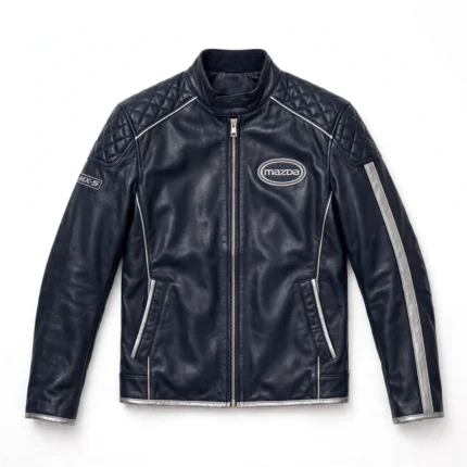 Mazda MX-5 Leather Jacket front view, dark navy with quilted shoulders and silver trim racing jacket