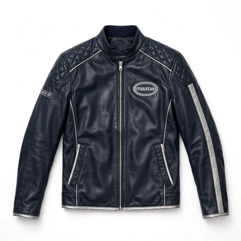 Mazda MX-5 Leather Jacket front view, dark navy with quilted shoulders and silver trim racing jacket