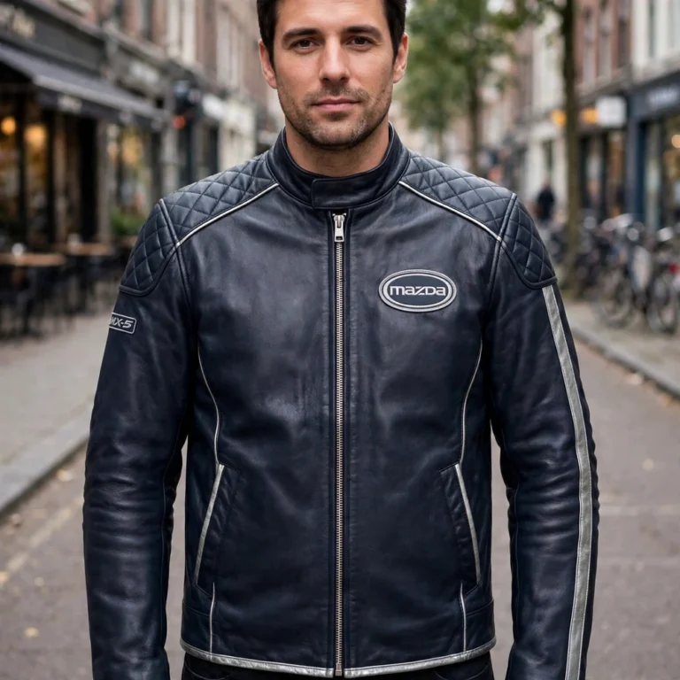 Model wearing the Mazda MX-5 Leather Jacket, dark navy with quilted shoulders and silver trim racing jacket