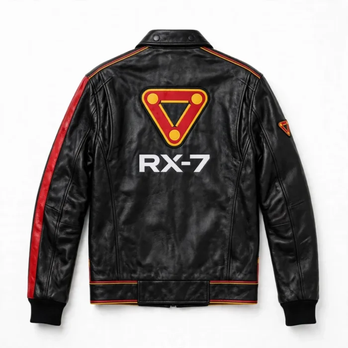 Mazda RX-7 Leather Jacket back view, black with red and yellow rotary accents racer jacket