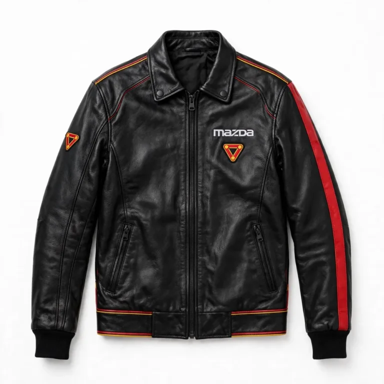 Mazda RX-7 Leather Jacket front view, black with red and yellow rotary accents racer jacket