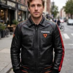 Model wearing the Mazda RX-7 Leather Jacket, black with red and yellow rotary accents racer jacket