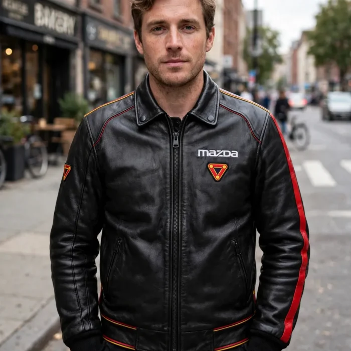 Model wearing the Mazda RX-7 Leather Jacket, black with red and yellow rotary accents racer jacket