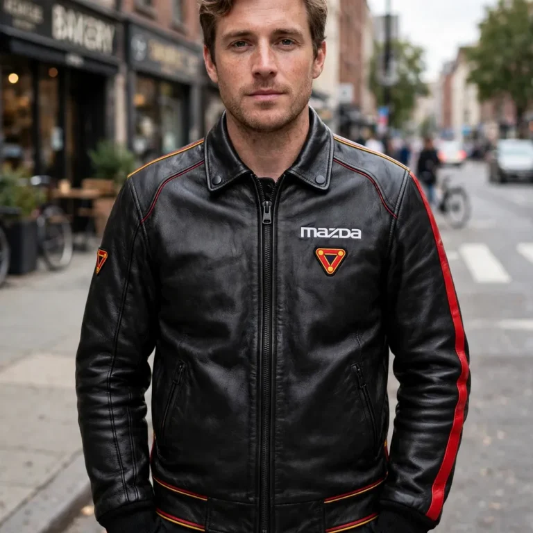 Model wearing the Mazda RX-7 Leather Jacket, black with red and yellow rotary accents racer jacket