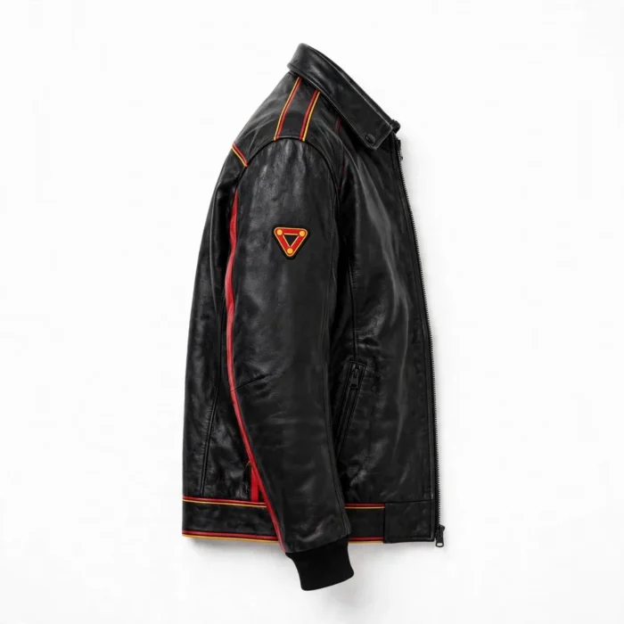 Mazda RX-7 Leather Jacket side view, black with red and yellow rotary accents racer jacket
