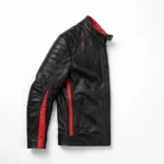 Mazda Leather Jacket side view, black leather racing jacket with red side panels and red zipper trim