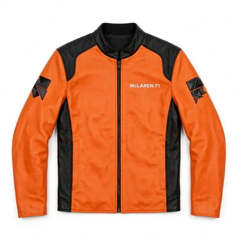 McLaren F1 Leather Jacket front view, papaya orange with black panels racing jacket, McLAREN F1 wordmark embroidered on the left chest