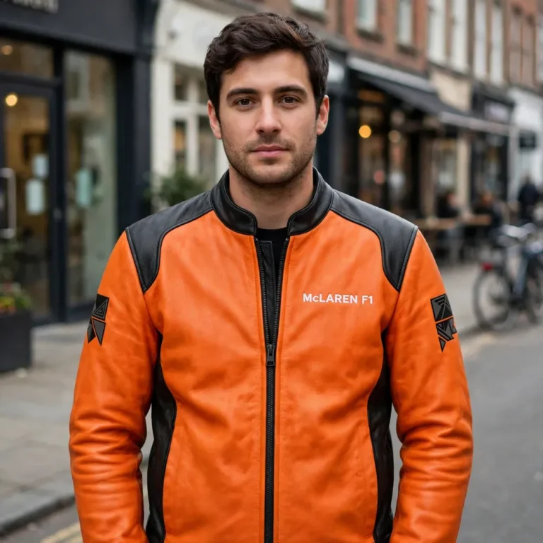 Man wearing the McLaren F1 Leather Jacket outdoors, front-facing, showing the racing jacket and chest embroidery