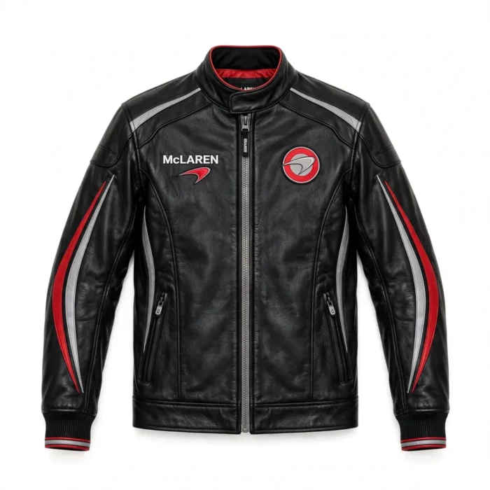 McLaren Leather Jacket front view, black leather racing jacket with red and silver-gray swoosh stripes and chest speedmark embroidery
