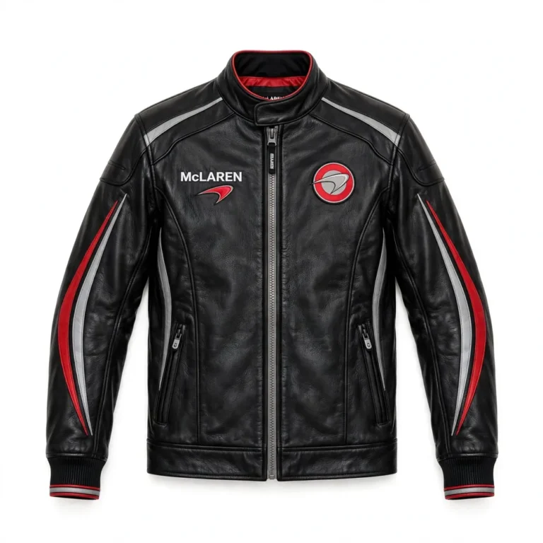 McLaren Leather Jacket front view, black leather racing jacket with red and silver-gray swoosh stripes and chest speedmark embroidery