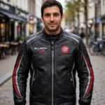Man wearing the McLaren Leather Jacket outdoors, front-facing, showing the swoosh stripes and chest embroidery