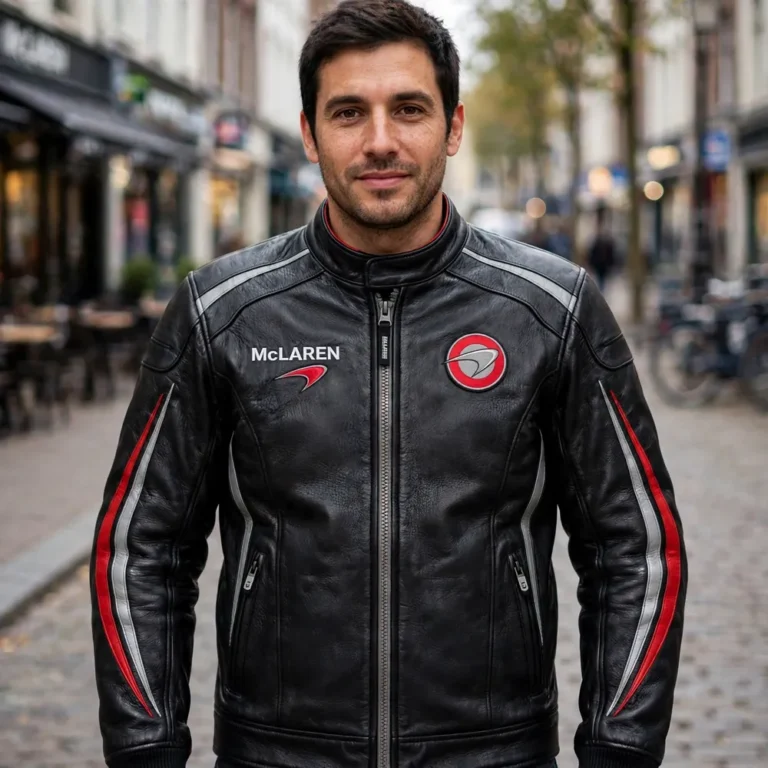 Man wearing the McLaren Leather Jacket outdoors, front-facing, showing the swoosh stripes and chest embroidery