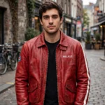 Model wearing the Melkus Leather Jacket, red with white stripes vintage racer jacket