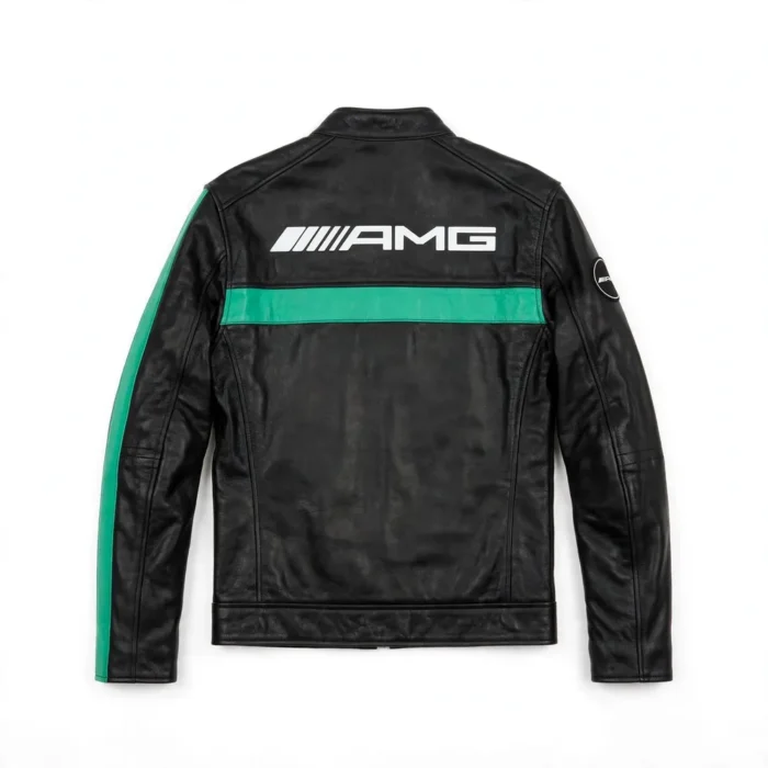 Mercedes-AMG Leather Jacket back view, black with petronas-green accents racer jacket