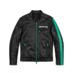 Mercedes-AMG Leather Jacket front view, black with petronas-green accents racer jacket
