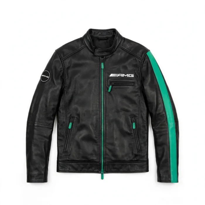 Mercedes-AMG Leather Jacket | AMG Performance Racer | Blackstone Jackets - Front View Mercedes-AMG Leather Jacket front view, black with petronas-green accents racer jacket
