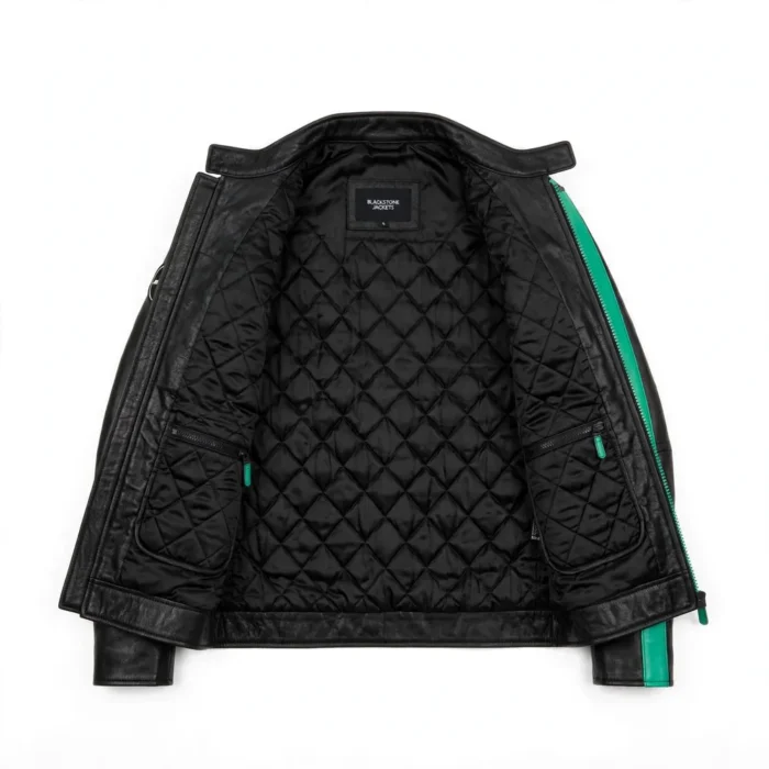 Mercedes-AMG Leather Jacket inner lining view, quilted black satin lining