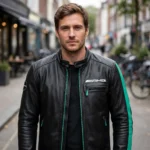 Model wearing the Mercedes-AMG Leather Jacket, black with petronas-green accents racer jacket