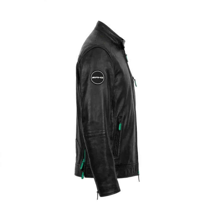 Mercedes-AMG Leather Jacket side view, black with petronas-green accents racer jacket