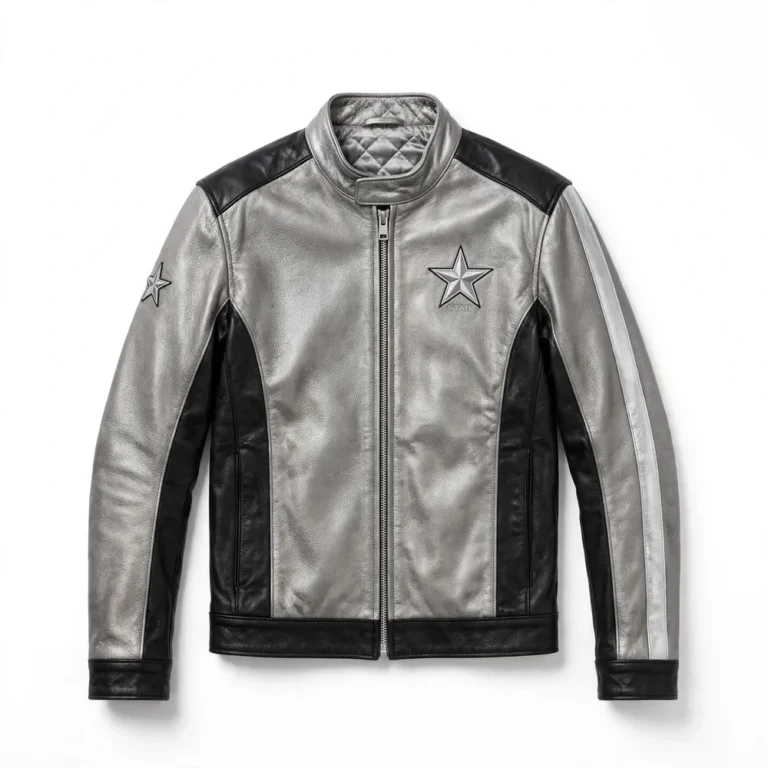 Mercedes-Benz Leather Jacket front view, silver-grey with black panels racer jacket