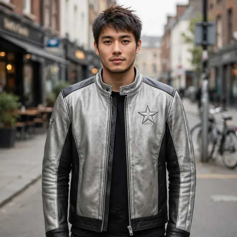 Model wearing the Mercedes-Benz Leather Jacket, silver-grey with black panels racer jacket