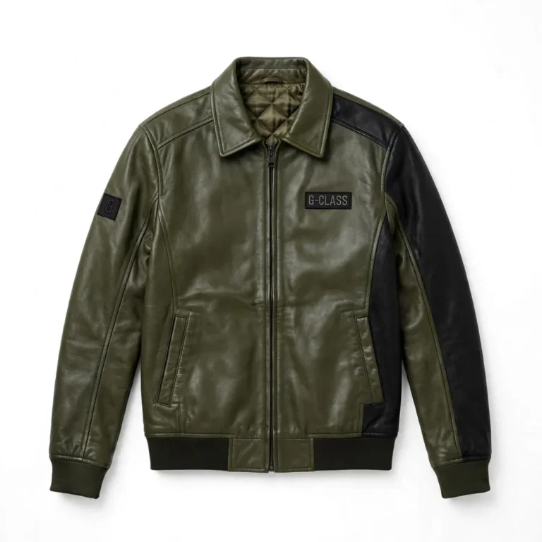 Mercedes G-Class Leather Jacket front view, olive green with black panels trucker jacket