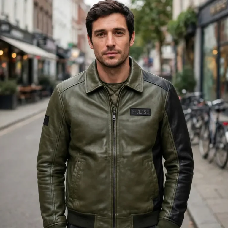 Model wearing the Mercedes G-Class Leather Jacket, olive green with black panels trucker jacket