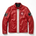 MG Leather Jacket front view, racing red with a white centre stripe roadster jacket, MG octagon-style emblem with MG wordmark embroidered on the left chest