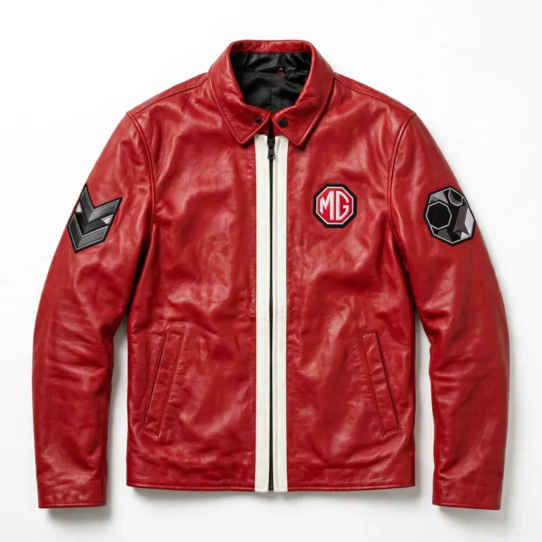 MG Leather Jacket front view, racing red with a white centre stripe roadster jacket, MG octagon-style emblem with MG wordmark embroidered on the left chest
