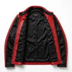 MG Leather Jacket inner view, plain lining with inside pockets and Blackstone Jackets neck label