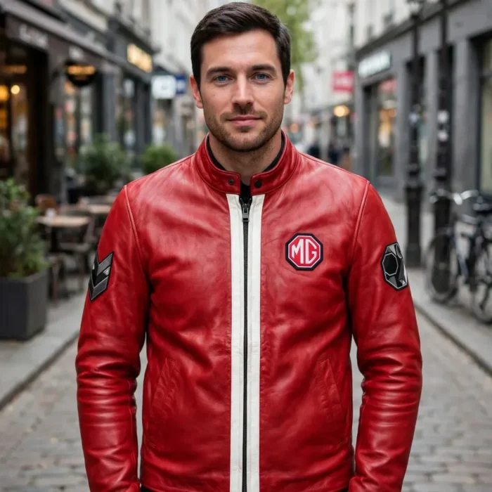 Man wearing the MG Leather Jacket outdoors, front-facing, showing the roadster jacket and chest embroidery