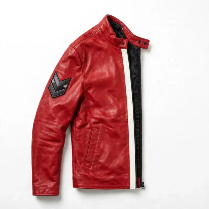 MG Leather Jacket side view, racing red with a white centre stripe roadster jacket with snap-down collar