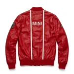 Mini Leather Jacket back view, racing red with white rally stripes leather, MINI lettering in white across the upper back between the rally stripes