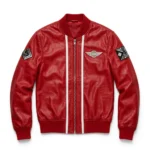 Mini Leather Jacket front view, racing red with white rally stripes bomber jacket, MINI wordmark with a winged roundel-style emblem embroidered on the left chest
