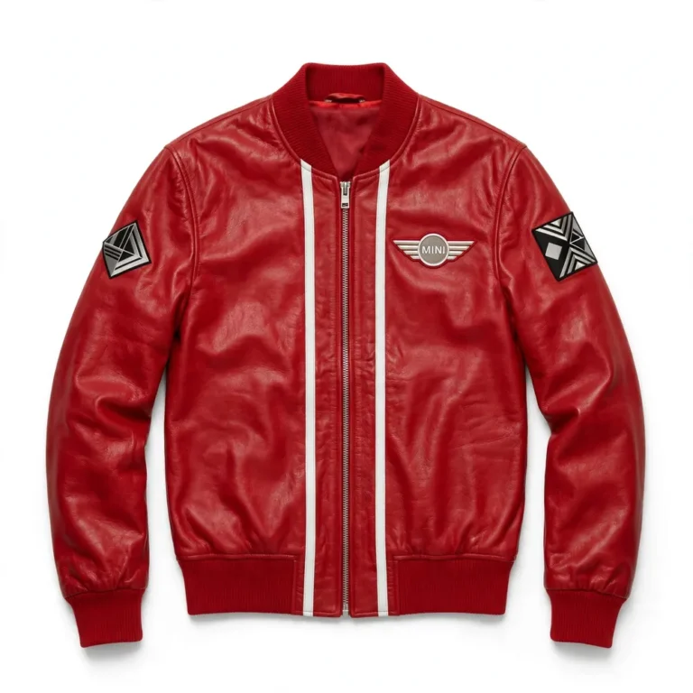 Mini Leather Jacket front view, racing red with white rally stripes bomber jacket, MINI wordmark with a winged roundel-style emblem embroidered on the left chest
