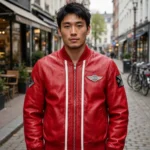 Man wearing the Mini Leather Jacket outdoors, front-facing, showing the bomber jacket and chest embroidery