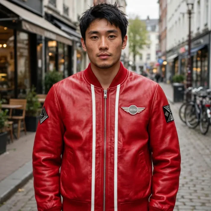 Man wearing the Mini Leather Jacket outdoors, front-facing, showing the bomber jacket and chest embroidery