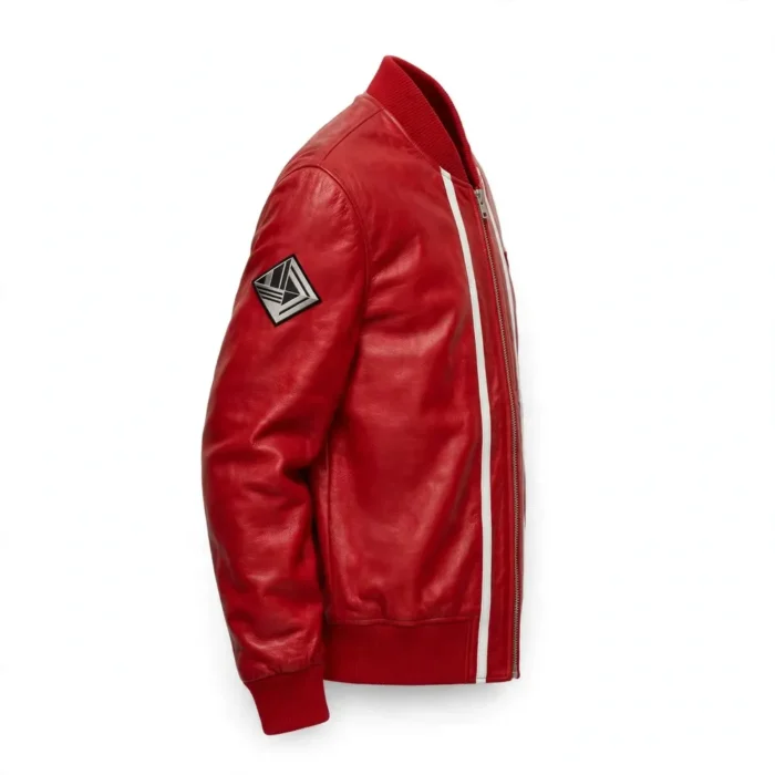 Mini Leather Jacket side view, racing red with white rally stripes bomber jacket with ribbed bomber collar
