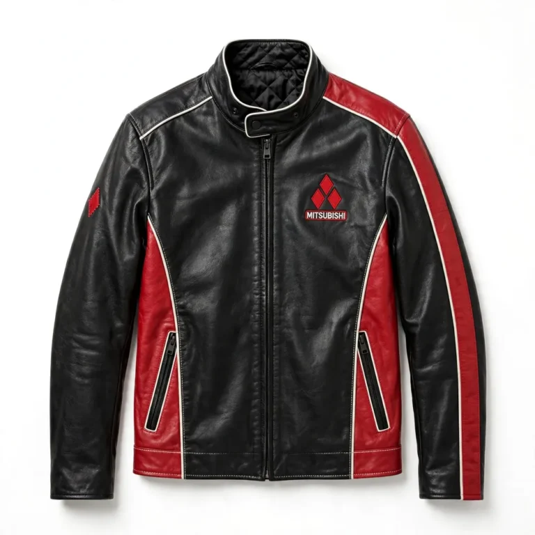 Mitsubishi Leather Jacket front view, black with red panels and white trim racer jacket