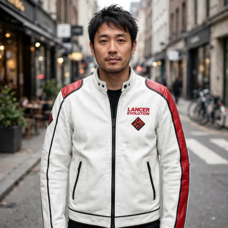 Model wearing the Mitsubishi Lancer Evolution Leather Jacket, white with red panels and black trim racer jacket